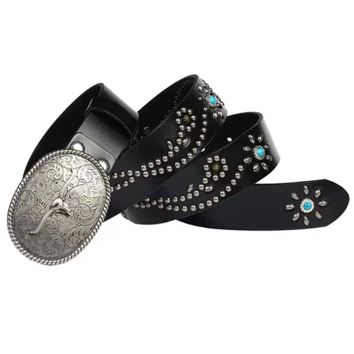 Real Leather Waist Belt Heavy Metal Stone Rivet Studded Unisex Punk Waistband - Picture 2 of 28