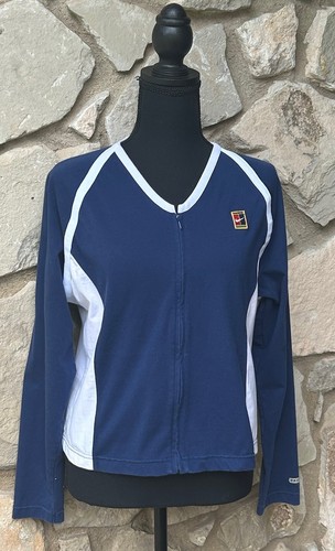 Retro Nike Laufshirt Full Zip Medium Navy Blau Weiß Baumwollmischung Lang Slv