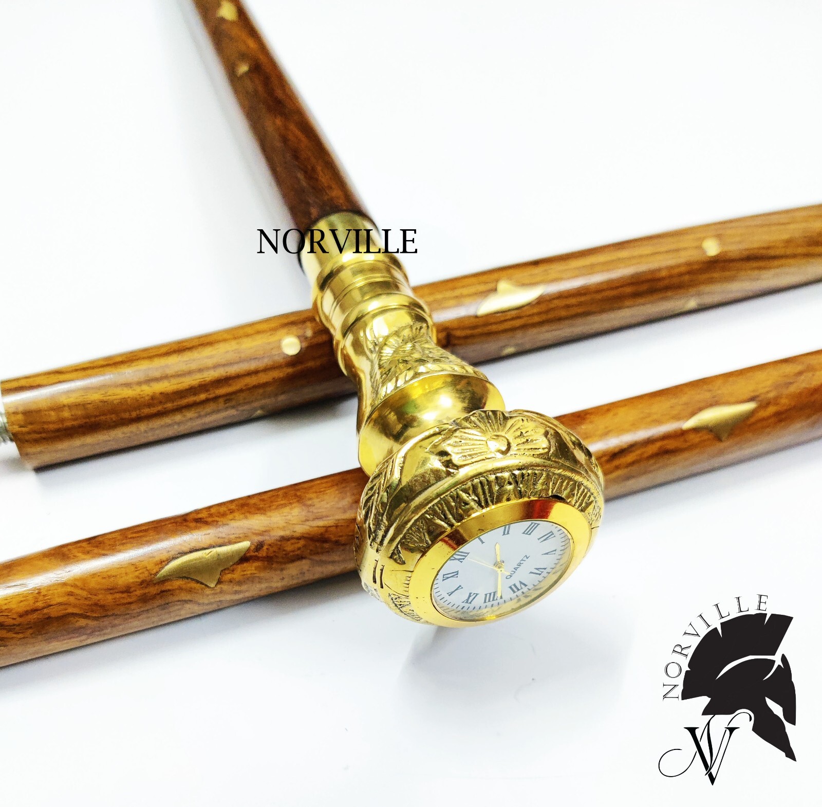 Vintage Victorian Walking Stick Brass Clock Handle Wooden Cane Antique ...