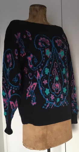RETRO acrylic psychedelic JUMPER 1970’s SMALL 8/10 BLACK +Fluoro WASHED - Picture 9 of 12