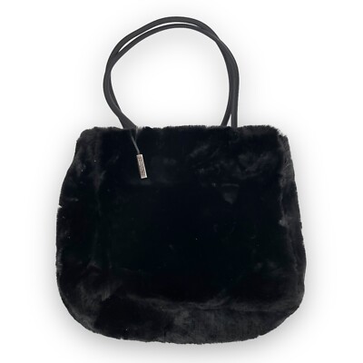 Y2K Purse ESPIRIT Black Fuzzy Fluffy Shoulder Bag Faux Fur 12'' x 11''