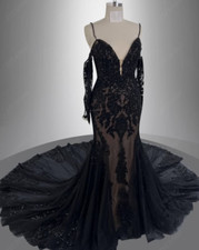 Gothic Black Mermaid Wedding Dresses Off Shoulder Long Sleeve Train Bridal Gowns