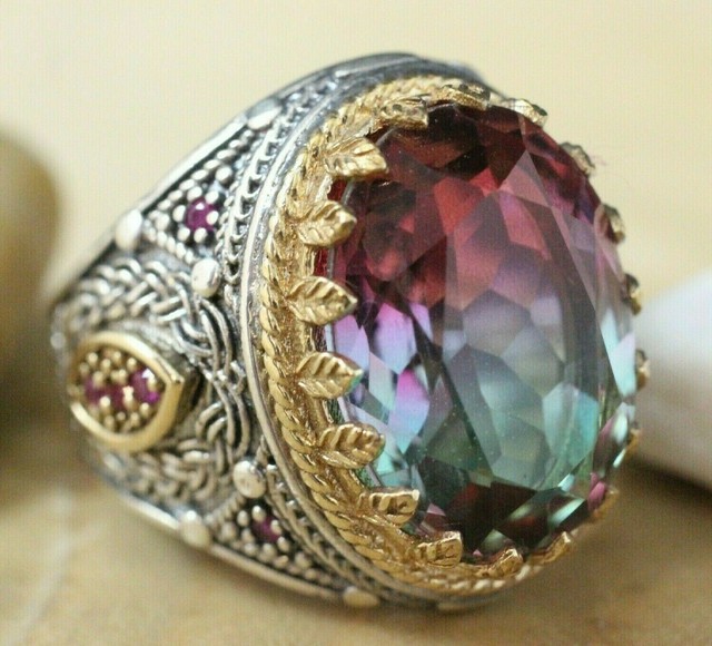 925 Sterling Silver Handmade Authentic Turkish Tourmaline Men's Ring