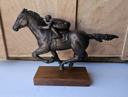 Antique Austin Sanfilippo Bronze Sculpture Race Horse Jockey Statue Wooden Base - Picture 1 of 14