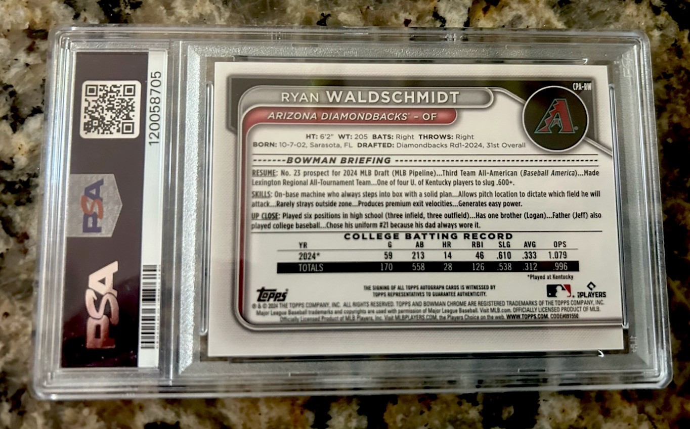 2024 Bowman Draft Ryan Waldschmidt Chrome Green Lava Auto /99 PSA 10 Diamondback view 2