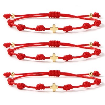 6 Knots 3Pcs stack Red String Rope Gold Plated Cross Seed Bead Bracelet for Wome