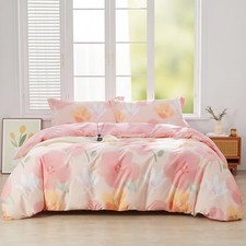 Pink Floral Duvet Cover Set 3pcs Queen Size Garden Queen 90"x90" Clytie