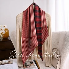 Elegant Christmas Red 11% Silk 89% Wool Camellia Plaid Scarf Oblong 57*9"