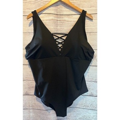 NWT H&M Black One-Piece Swimsuit Plus Size 24 V-Neck Lace-Up Padded Cups Lined