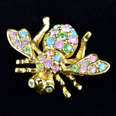 Vintage Joan Rivers Signed Pastel Rhinestone Bee Pin Brooch Gold Tone Classics