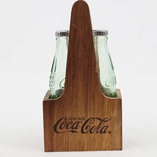Coca-Cola Glass Bottle Salt & Pepper Shakers w Wooden Caddy Holder