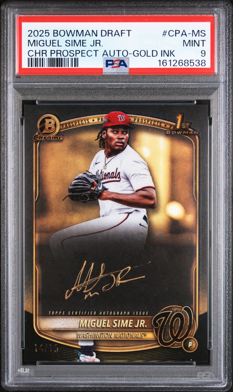 2025 BOWMAN DRAFT CHROME PROSPECT AUTO GOLD INK MIGUEL SIME JR. 14/15 PSA 9