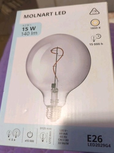 Ikea Molnart LED Bulb E26 140 Lumen Globe Gray Clear Glass 5" Spiral Design