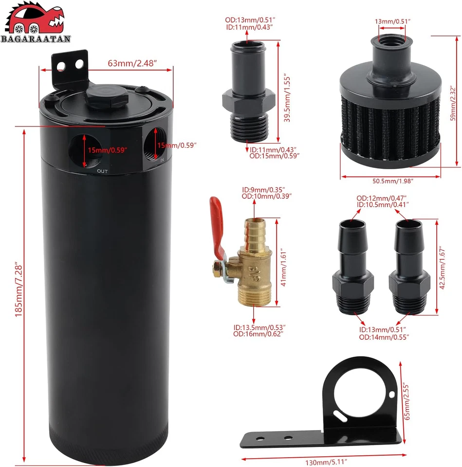 Kit de bote de captura de aceite 750 ml tanque de depósito deflector universal de 2 puertos con válvula de drenaje Foto 2 de 4