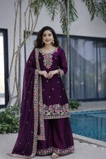 Stylish Look Heavy Silk Purple Top Palazzo With Dupatta For Function Wear
