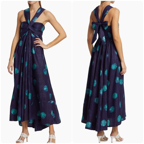 Elisamama Anike Maxi Dress Women Small Navy Blue African Cotton Halter Polka Dot - Picture 1 of 18