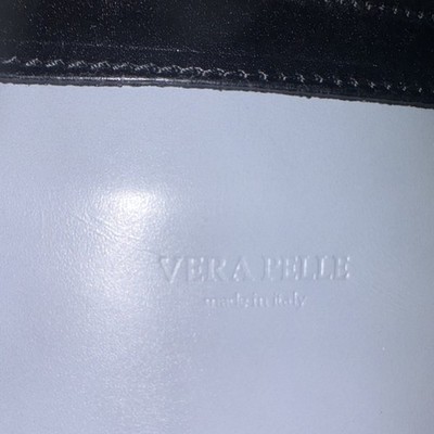 Vera Pelle Light Blue & Black Tote Bag Double Handles Zip Closure Inner Pockets