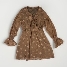 En Creme Mini Dress Womens Small Brown Metallic Star Ruffle Celestial Whimsigoth