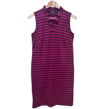 Talbots Dress Red Wine & Blue Striped Ruffle V-Neck Coquette Boho Preppy Size S