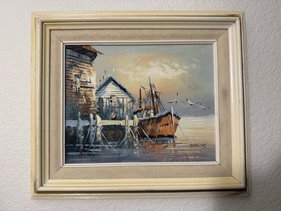 Vintage Nautical Harbor Oil Painting Signed Davis MCM Impasto Fishing Boat Art