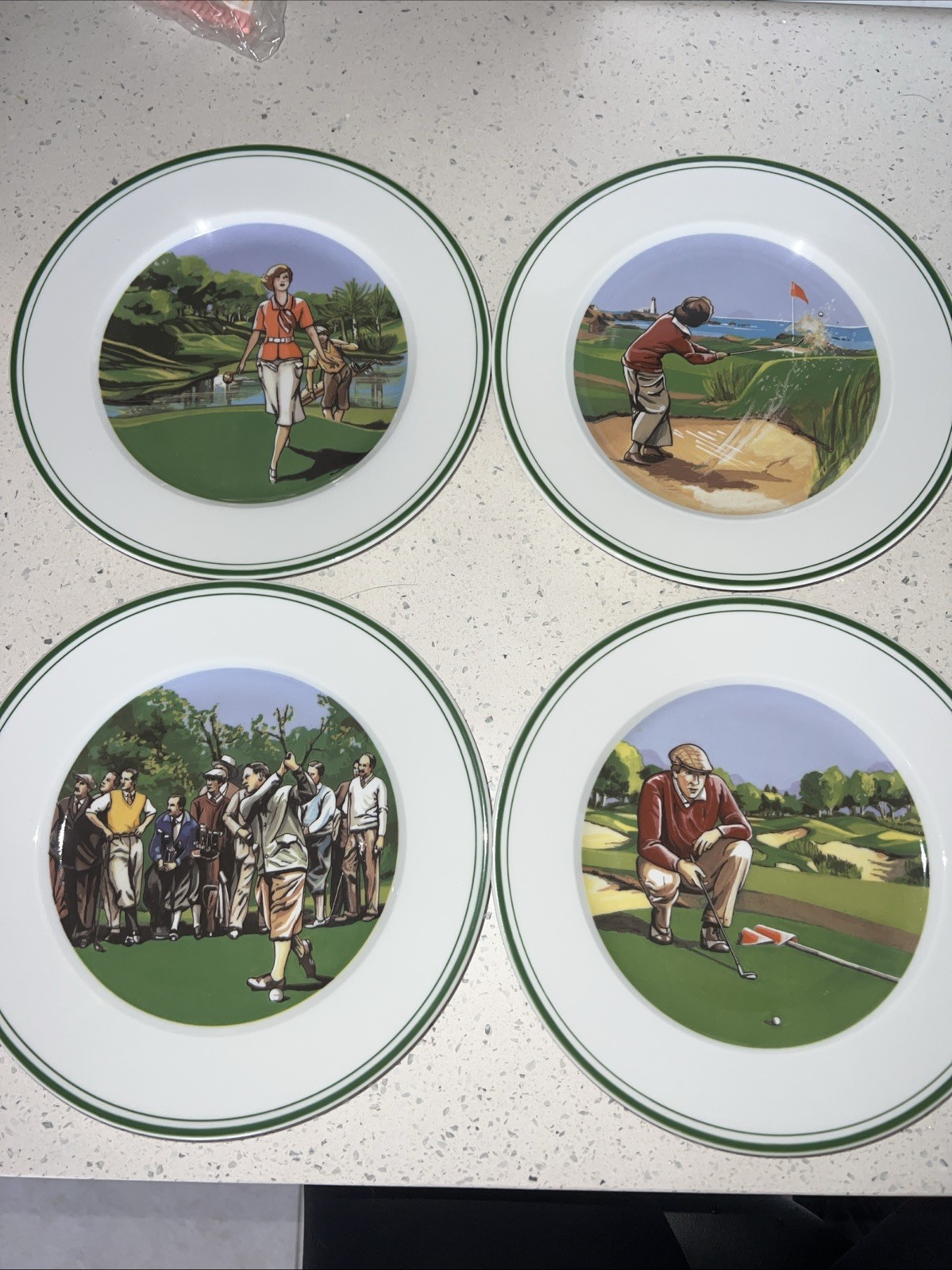 Philippe Deshoulieres Limoges France Porcelain Golf Themed 6  Plates 8.5 Inches