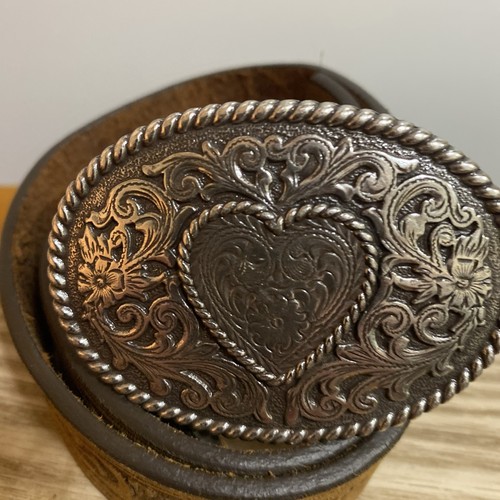 Justin Hope Brown Leather Girls Belt Sz 22 Heart Silver Buckle Western Cowgirl - Picture 2 of 9