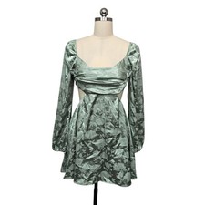 Lucy in the Sky Sage Green Satin Floral Cutout Long Sleeve Mini Dress Size Small