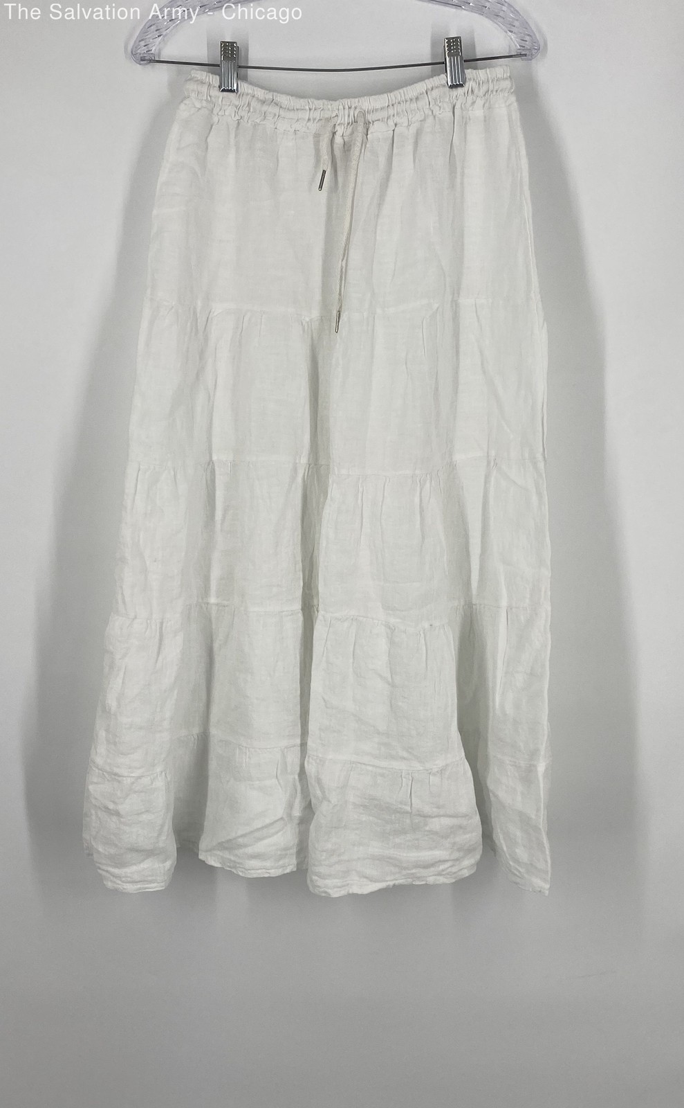 Puro Lino Womens White Elastic Waist Pleated A-Line Skirt Size Medium