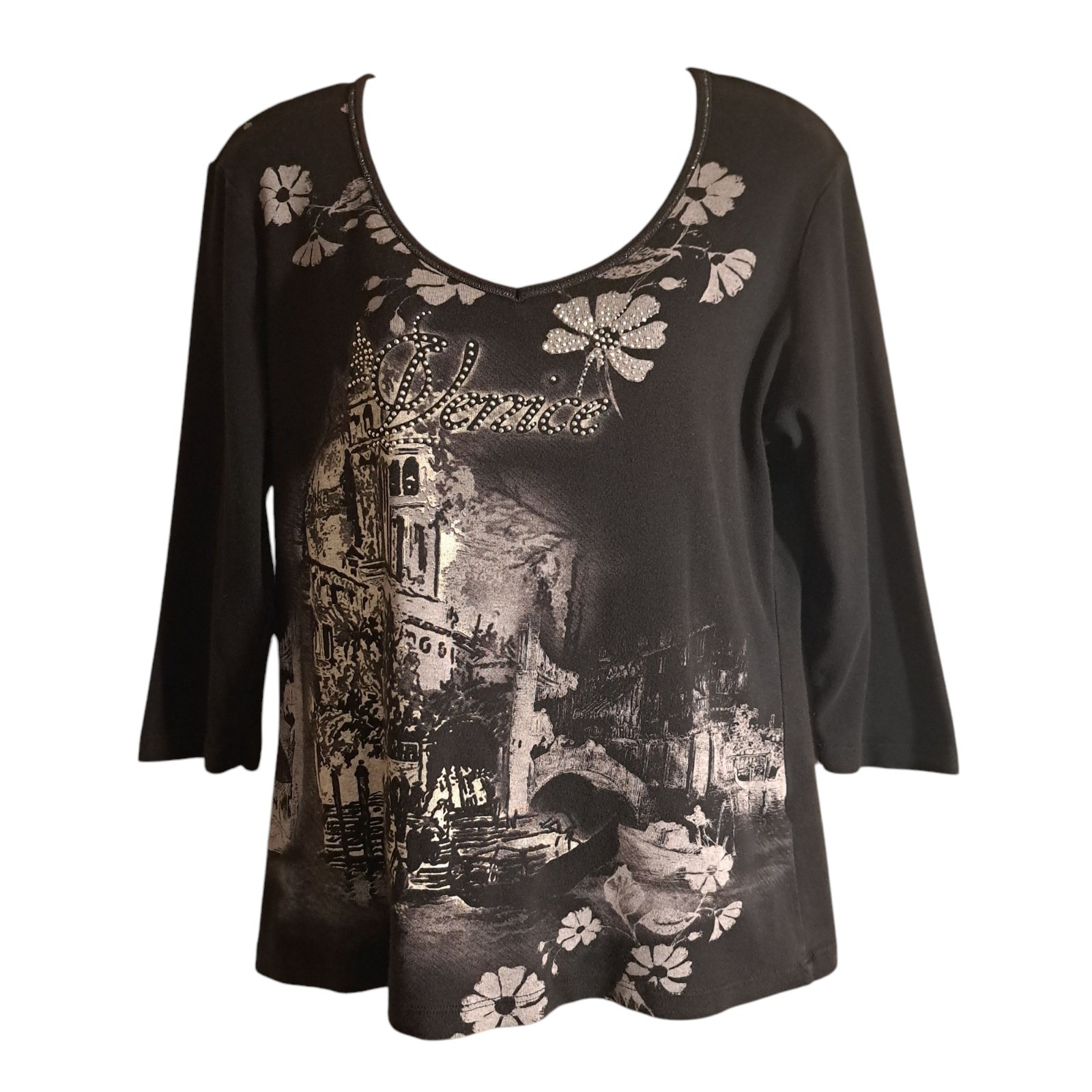 Blue Canyon Womens Charcoal L Studded Venice Italy Print 3/4 Sleeve Top