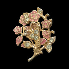 Vintage Enamel Pink Flower Floral Brooch Pin w Rhinestones