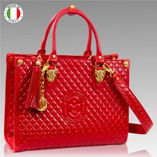 Marino Orlandi Designer Tote Red Quilted Leather Bag Italian Handbag w/Swarovski