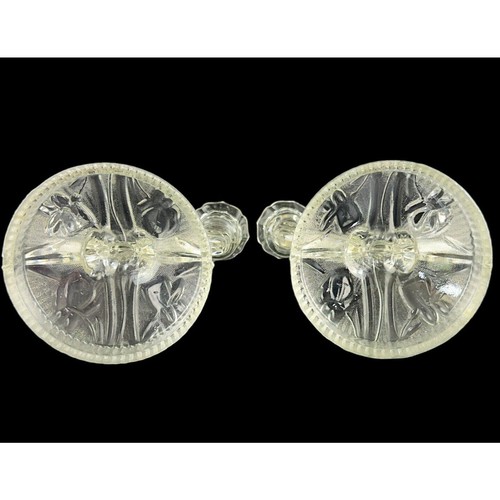 Vintage Clear Glass Double Candlestick Holders Set Of 2 Iris & Herringbone - Picture 12 of 19