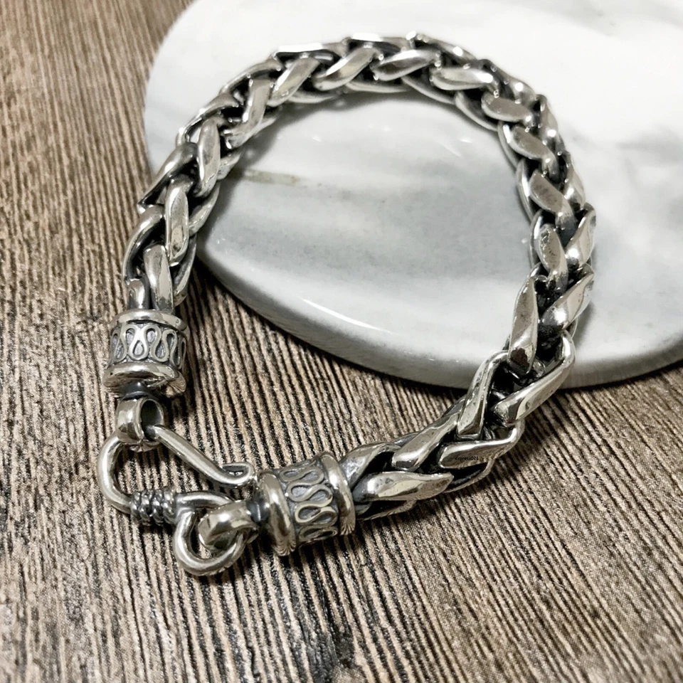 Solid 925 Sterling Silver Chain Men Lucky 8mm Wheat Braided Bracelet 8.2inch - Image 2 of 4