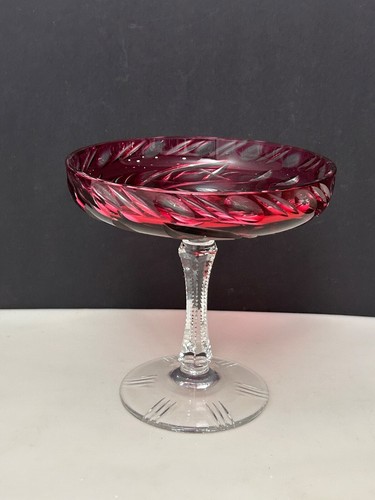 Lausitzer Germany Cranberry Ruby Hand Cut Lead Crystal footed Compote Dish Bowl