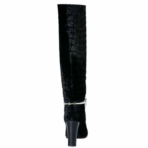 Stuart Weitzman Women's Black Croc Print Velvet High Heel Boots Shoes US 7 IT 37 - Picture 3 of 7
