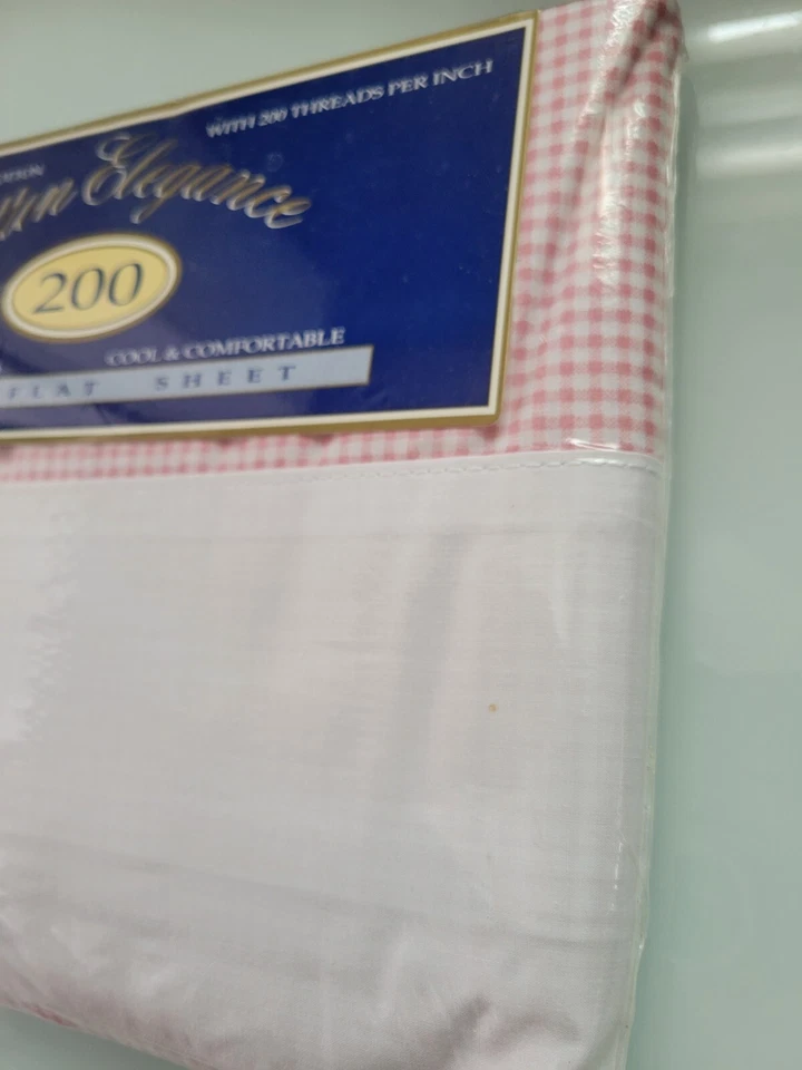 Springs Cotton Elegance 200 Thread Twin Flat Sheet, White W Pink Checker New VTG - Image 3 of 4