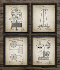 Tesla Patent Prints Set of 4, Vintage Style Wall Art
