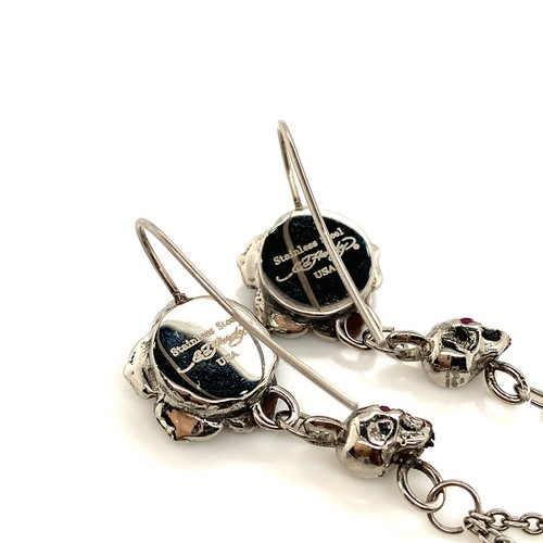 Authentic Ed Hardy Blue Rose & Skull Stainless Steel Dangling Earrings - Picture 4 of 9