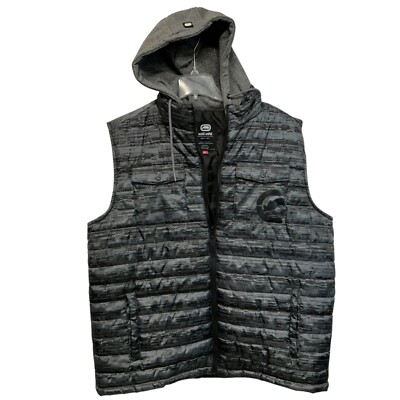 Ecko Unltd Sleeveless Vest Men 2xl Gray Black Full Zip Hooded Quilted Puffer NEW