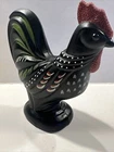 Fenton Folk Art Glass 2001 Hand Painted Black Rooster Figurine Retired Signed