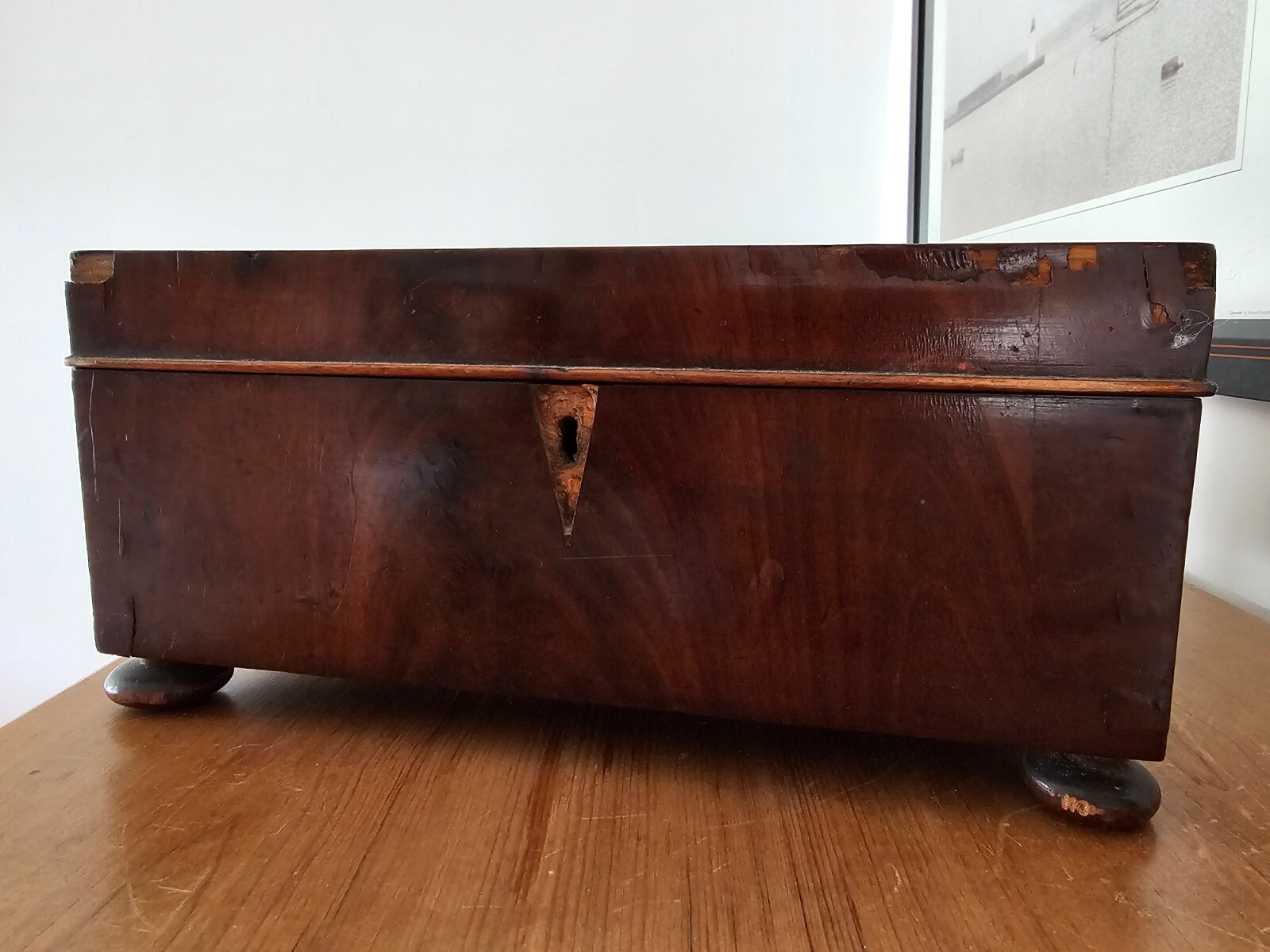 Antique Mahogany Sewing Box with bun feet for Restoration 34 X 27 x