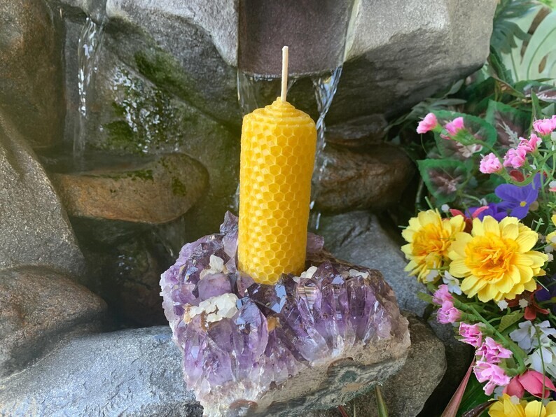 4 Lb Amethyst Crystal Honeycomb Candle Holder, Cylinder Cand
