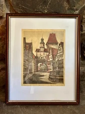Vintage Antique Ernst Geissendorfer Signed Etching Print Rothenburg, Germany