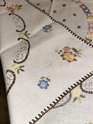 Tovaglia vintage punto croce ricamata lino bianco quadrata graziosa forale 28X28" - Foto 4 di 22