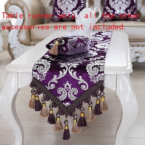 Luxury Velvet Table Runner Shiny Silver Floral tassels Table Cloth Decor Retro - Picture 13 of 15