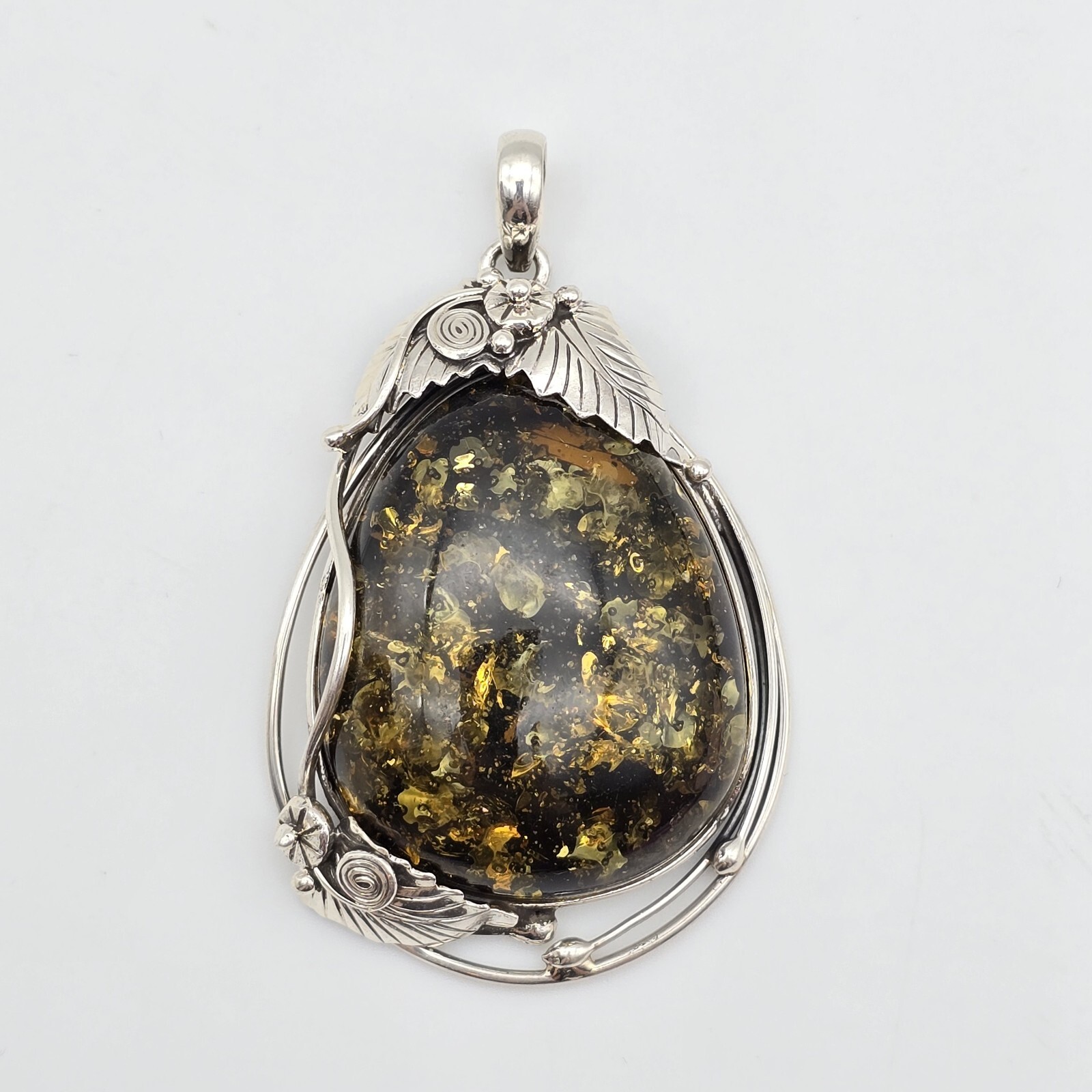 Huge Green Baltic Amber Sterling Silver Pendant Handmade Artisan Flower