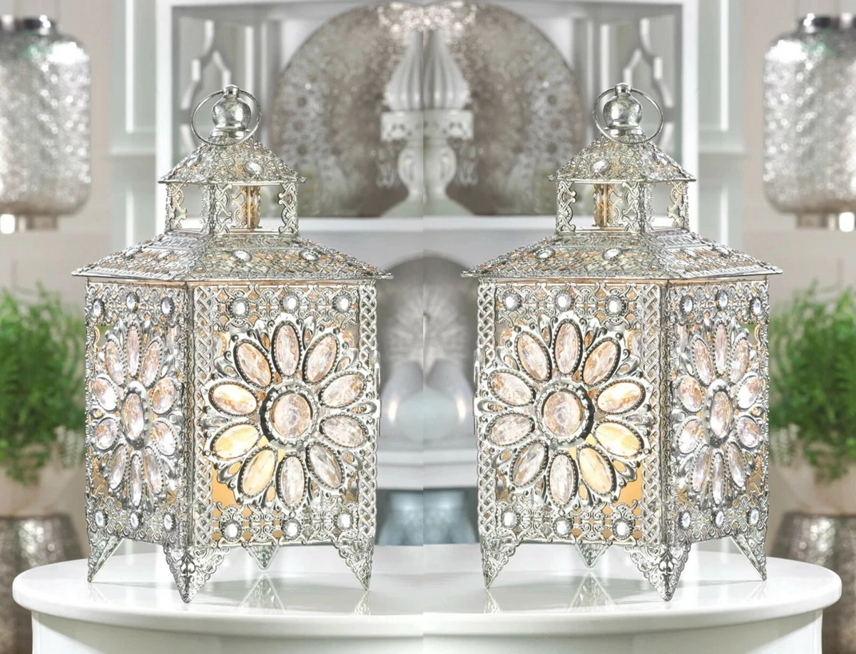 2pc Silver Jewel Gem Crystal Flower Sparkle Bling Moroccan Lantern