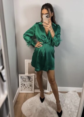 ZARA NEW GREEN SATIN MINI DRESS Feather Cuffs MEDIUM UK 8 -10 | eBay UK