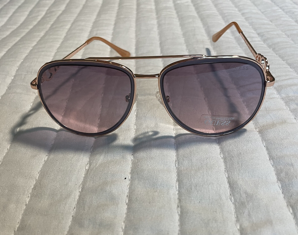 New Guess Women’s Gold Pink Tone Metal GF0344 Aviator Purple Lenses