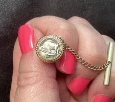 Gold Tone Buffalo Nickel Design Pin Tie Tack Lapel With Safety Chain